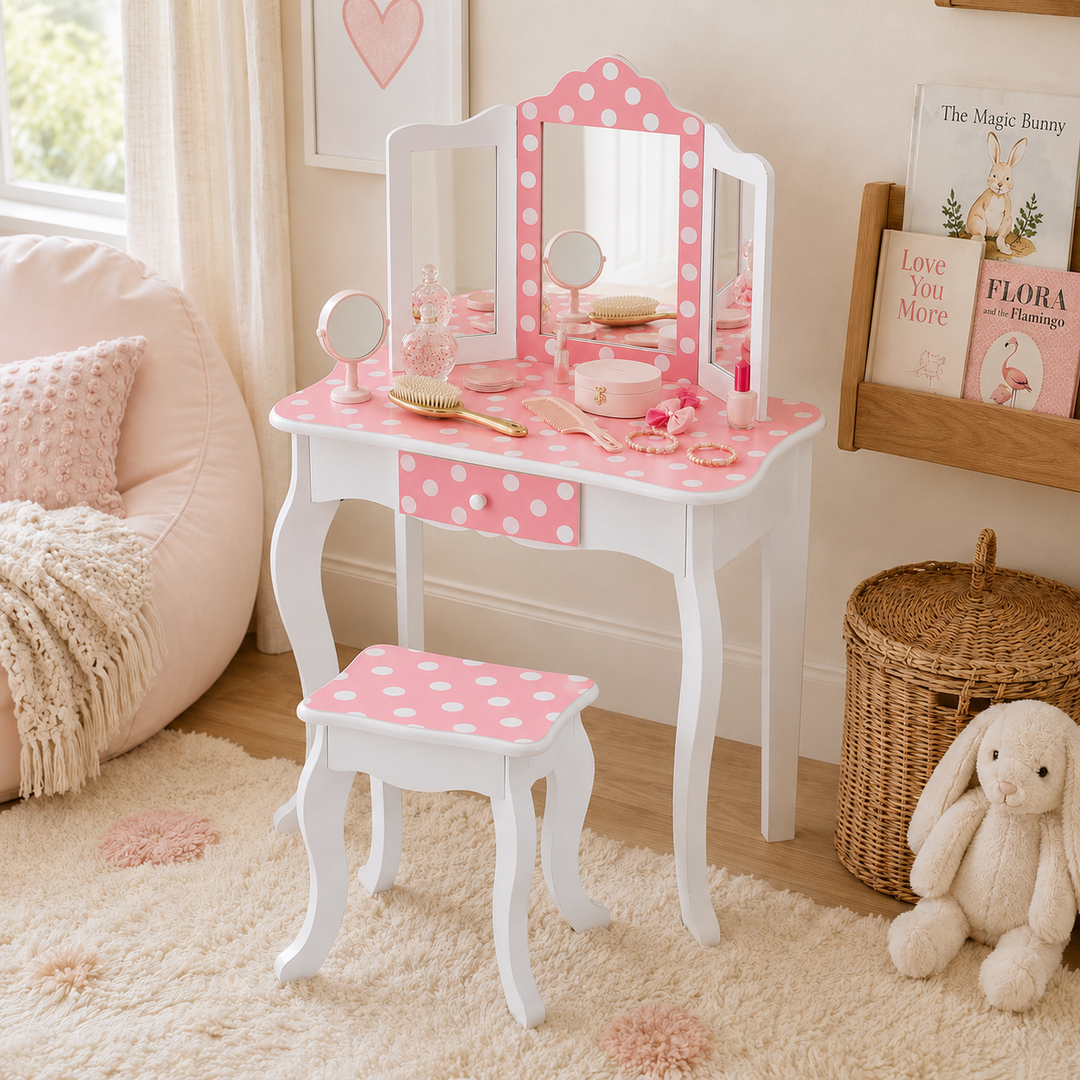 Teamson Kids Gisele Polka Dot Kids Vanity Table & Stool, White & Pink