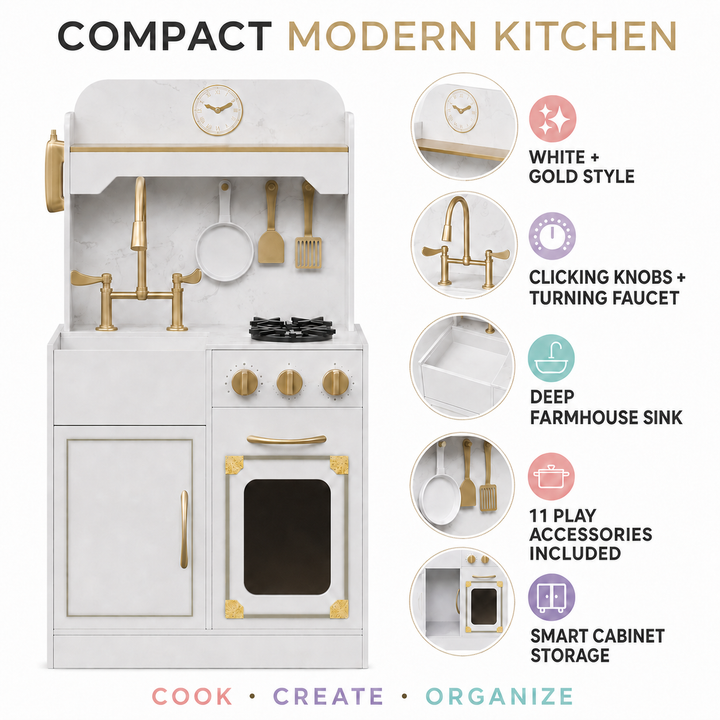 Teamson Kids Small Play Kitchen Set with Refrigerator, 17 Accessories, Storage Interactive White Pretend Play Wooden Kitchen with Gold Tap /Faux Marble Furnishings - Little Chef Versailles