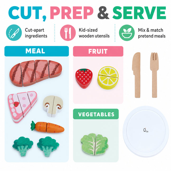 Teamson Kids 27-Piece Wooden Play Food Set and Pretend Recipe Tablet, Green Pretend Play Food Kitchen Set to Slice and Cut Food for Interactive Play for Little Chef Frankfurt