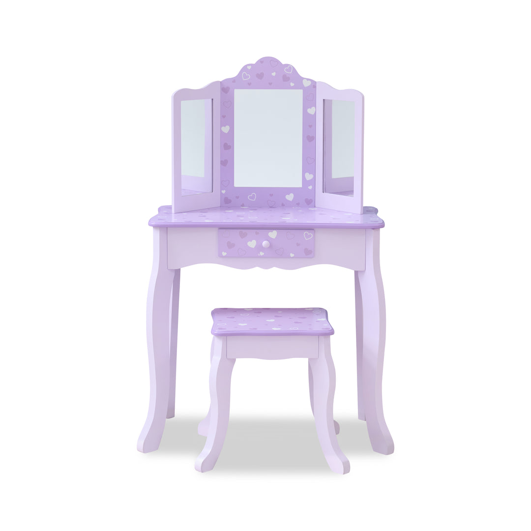 Classic Hearts Prints Gisele Wooden Play Vanity Set wit Three Way Mirror & Stool for Pretend Play by Teamson Kids