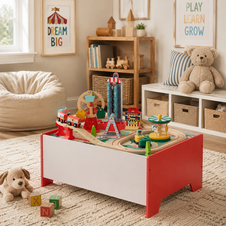 Teamson Kids Florida Wooden Amusement Park Activity Table with 5 Moving Rides, Train Track, 6 Games, 39 Play Pieces, Storage Bin, Rearrangeable Layout, Fine Motor Play, Ages 3+, Red