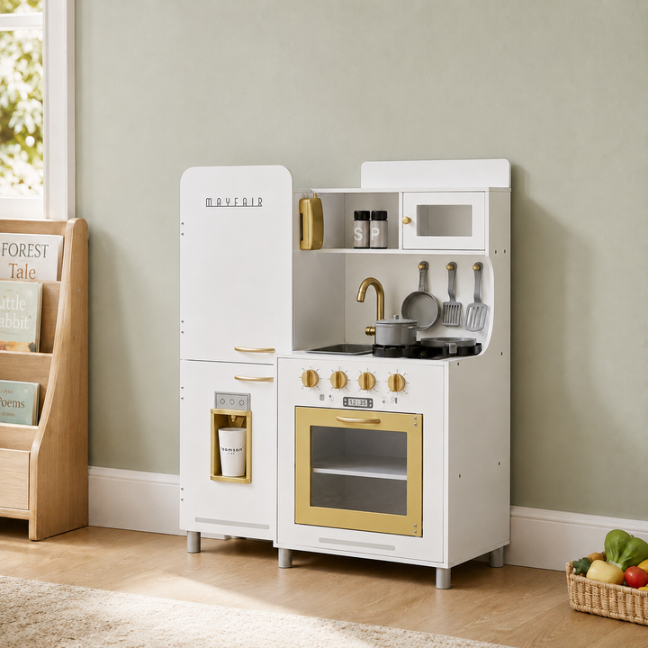 Teamson Kids Play Kitchen Set with Light and Sound Effects, 12pc accessories, Interactive Ice Maker White Wooden Kitchen Pretend Play, Oven, Burner & Refrigerator -Little Chef Mayfair Retro