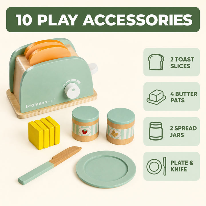 Teamson Kids 10-Piece Wooden Toy Toaster and Pretend Play Food Set, Green Kitchen Set with Pretend Bread, Knife and Plate for Interactive Play, Lever Makes Toast Slices Pop Little Chef Frankfurt