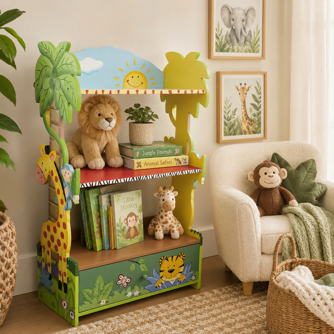 Fantasy Fields Sunny Safari Kids Bookcase with 3 Shelves, Bottom Drawer, Child-Friendly Height and Safari Animal Design, Blue