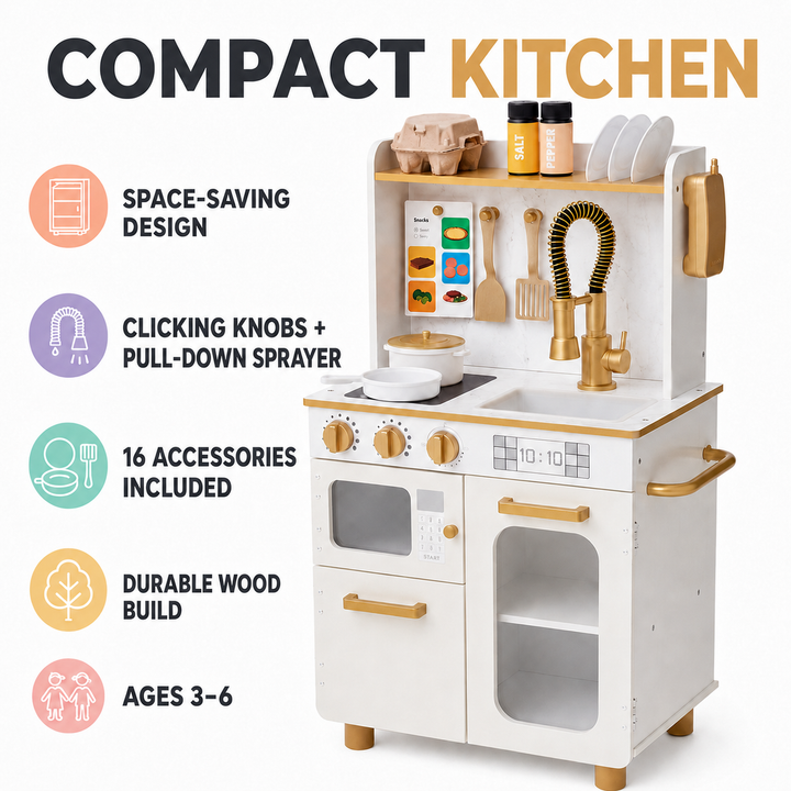 Teamson Kids Wooden Play Kitchen Set with 16 Accessories, Extendable Faucet, White and Gold Compact Wooden Play Kitchen, Oven, Sink, Clicking Knobs, Shelves and Storage Little Chef Memphis