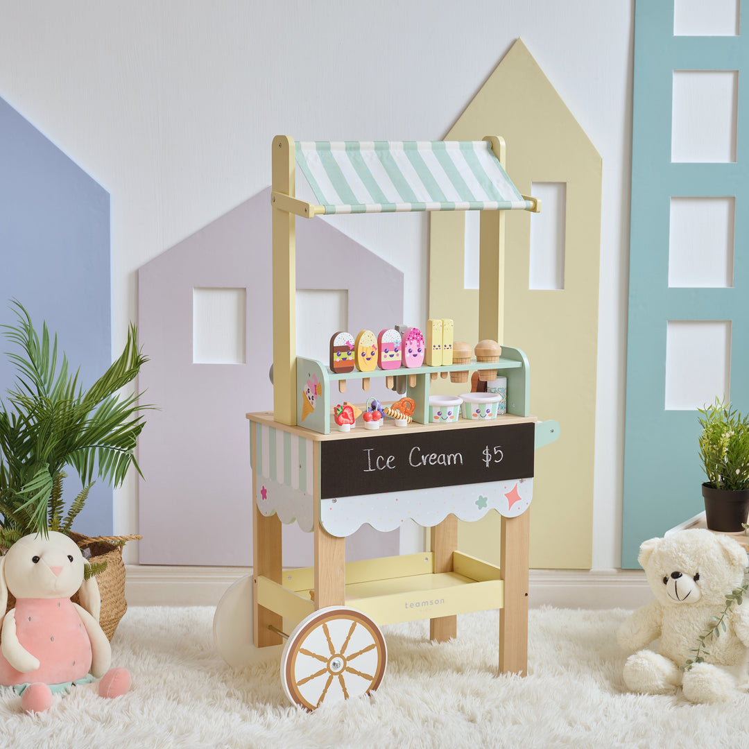 Jolly Pals Wooden Ice Cream Stand with 32 Play Food Pieces for Pretend Play by Teamson Kids