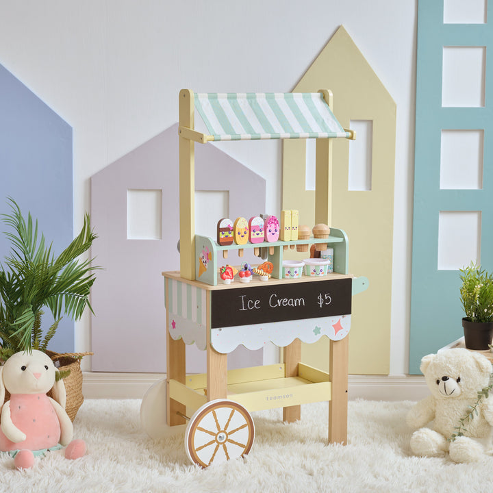Jolly Pals Wooden Ice Cream Stand with 32 Play Food Pieces for Pretend Play by Teamson Kids