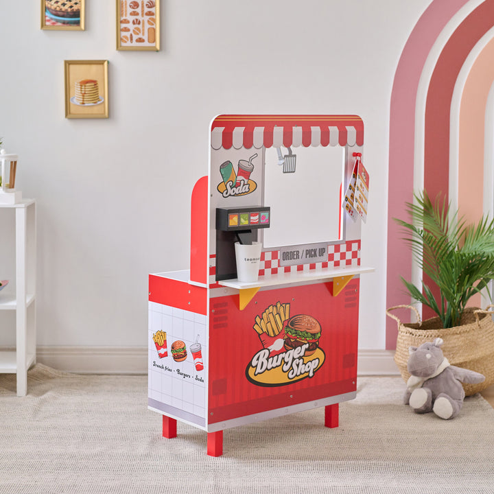 Wooden Play Burger Shop with 29 Accessories, Red - Flip & Fry Teamson Kids