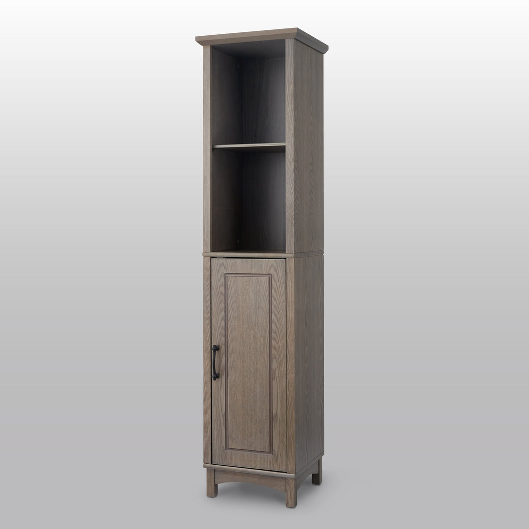 A gray wood linen cabinet with two shelves at the top and a cabinet on the bottom