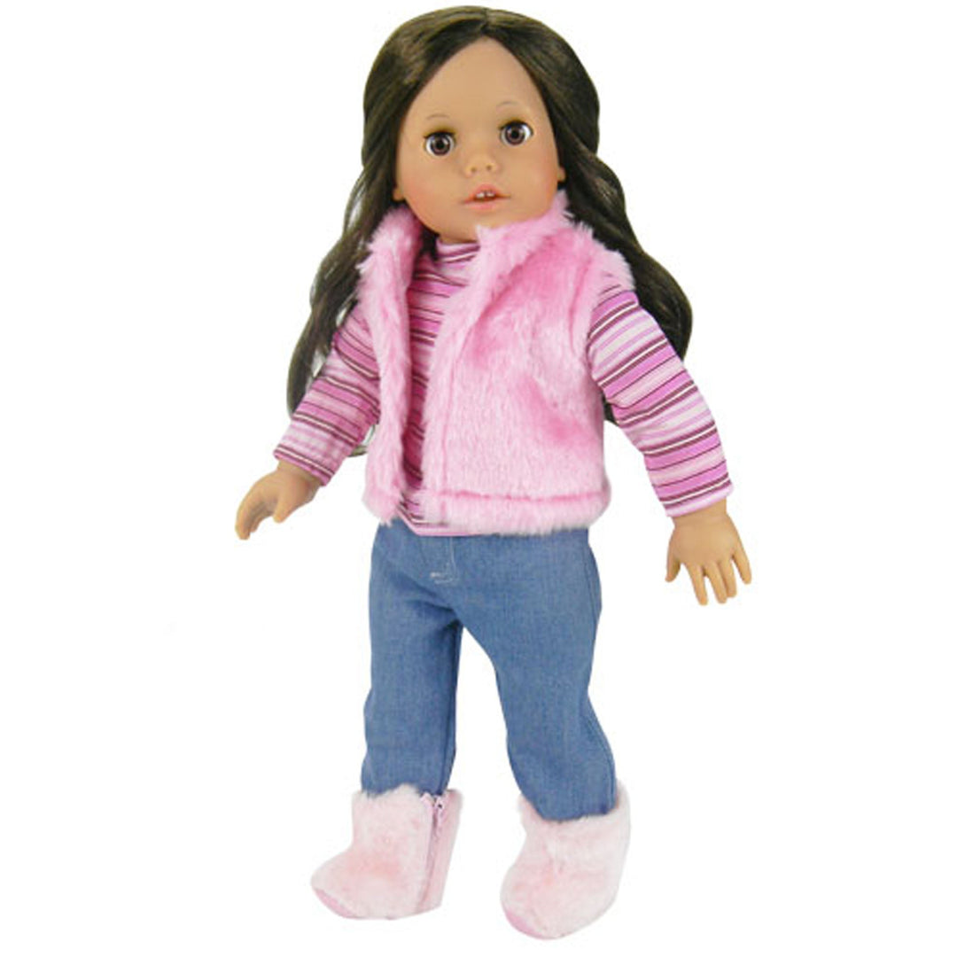 Sophia’s Classic Blue Jeans, Striped Long-Sleeve Turtleneck, Faux Fur Vest, & Matching Zip-Up Boots Set for 18” Dolls, Light Pink