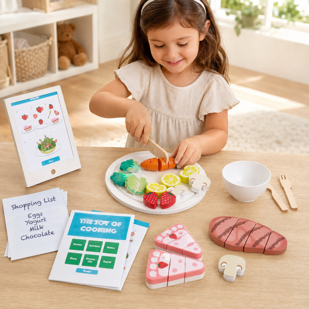 Teamson Kids 27-Piece Wooden Play Food Set and Pretend Recipe Tablet, Green Pretend Play Food Kitchen Set to Slice and Cut Food for Interactive Play for Little Chef Frankfurt