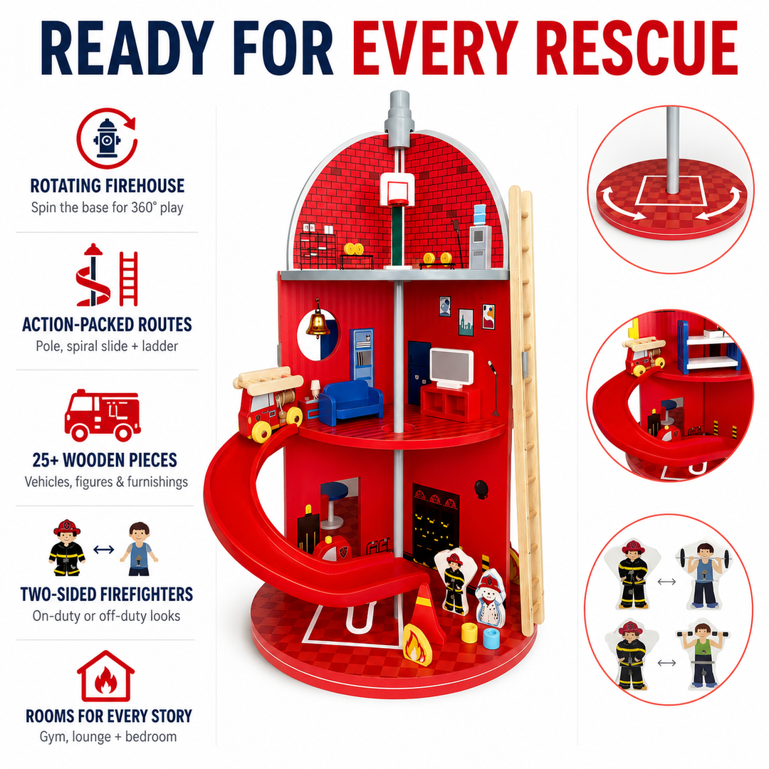 Teamson Kids 3-Story Wooden Fire Station Playset, Red Rotating Hydrant-Shaped Firehouse Pretend Play Set with 24 Pretend Play Figurines Including Fire Truck, Car, Helicopter, Rotating Base, Slide