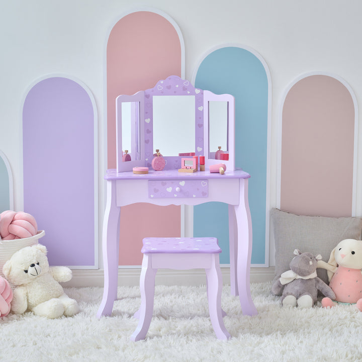 Classic Hearts Prints Gisele Wooden Play Vanity Set wit Three Way Mirror & Stool for Pretend Play by Teamson Kids