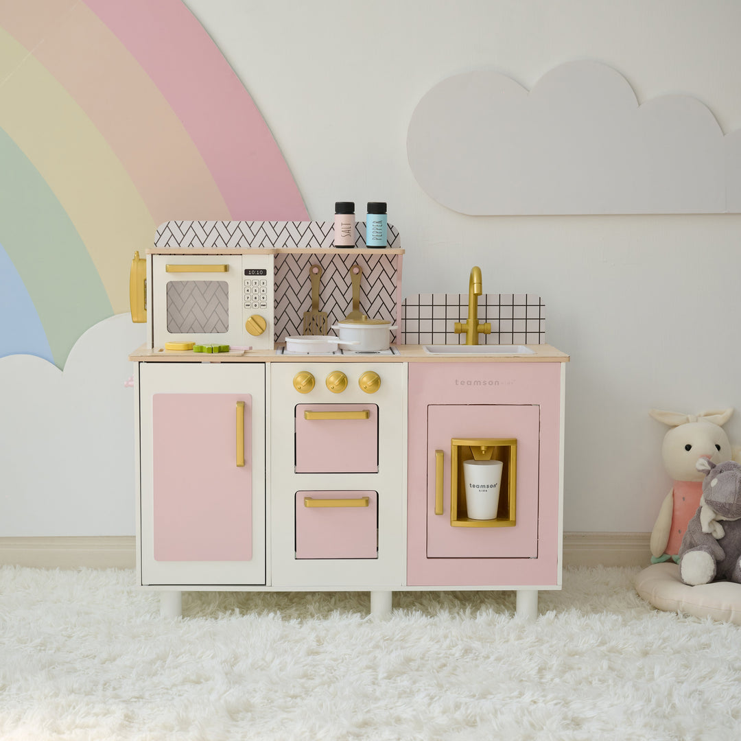 Wooden Play Kitchen with 17 Accessories, Pink - Little Chef Hampton by Teamson Kids