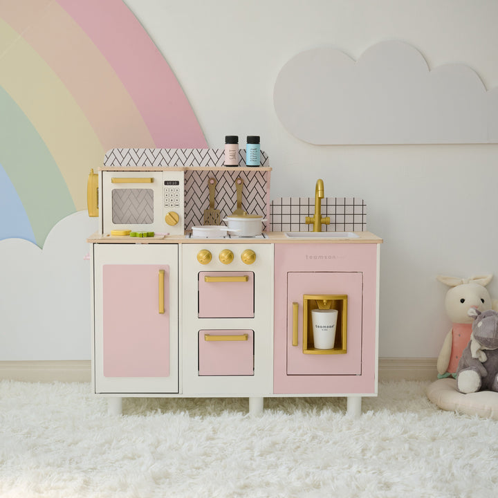 Wooden Play Kitchen with 17 Accessories, Pink - Little Chef Hampton by Teamson Kids