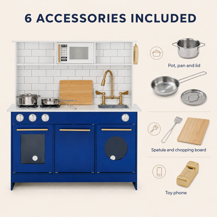 Teamson Kids Little Chef Berlin Play Kitchen Set with Subway Tile Backsplash and Gold Hardware, Interactive Kids Kitchen Playset for Toddlers Ages 1–5, Pretend Toy Cooking Station, Blue/White