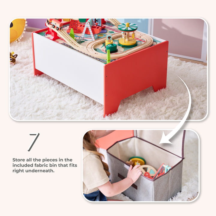 Teamson Kids Florida Wooden Amusement Park Activity Table with 5 Moving Rides, Train Track, 6 Games, 39 Play Pieces, Storage Bin, Rearrangeable Layout, Fine Motor Play, Ages 3+, Red