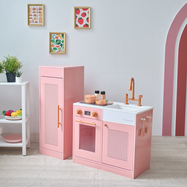 Wooden Play Kitchen with 12 Accessories, Peach - Little Chef Chester by Teamson Kids