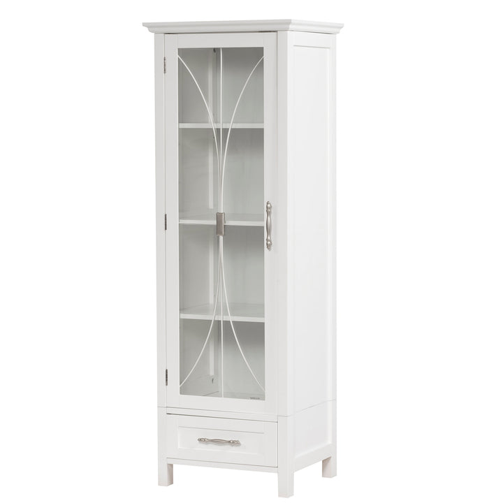 Side view of a tall white cabinet with glass door and bottom drawer