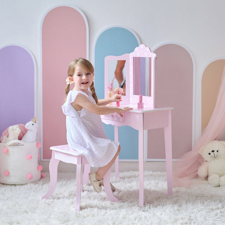 Daisy Prints Gisele Wooden Play Vanity Set wit Three Way Mirror & Stool for Pretend Play by Teamson Kids