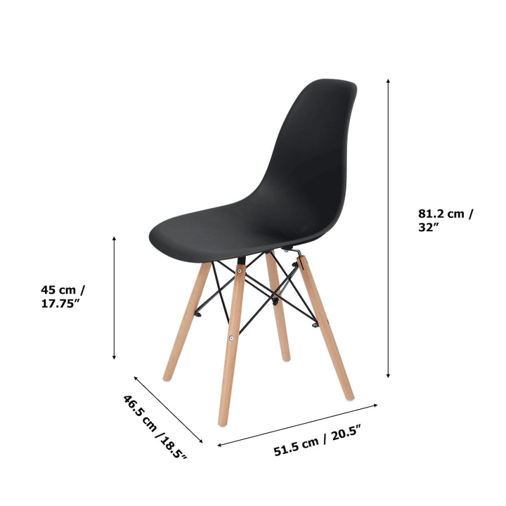 Dimensional graphic for a black chair in inches and centimeters