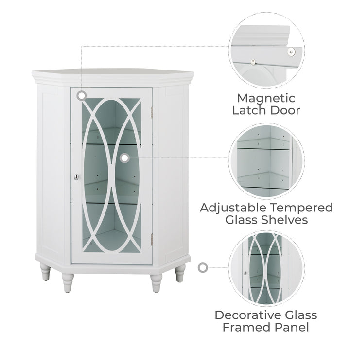Infographic callouts for a corner floor cabinet - magnetic latch, adjustable glass shelves, decorative glass door