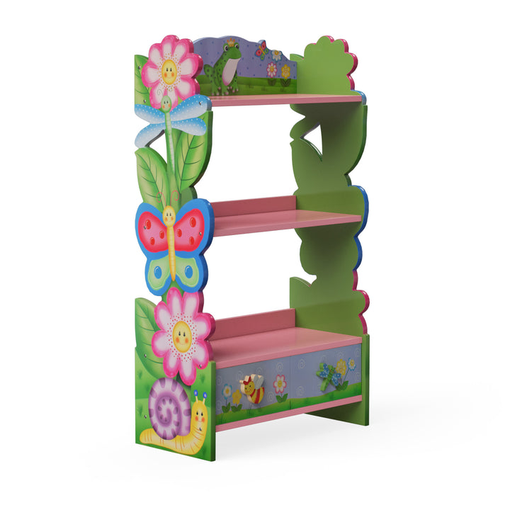 Sideview of a 3-tier bookshelf with flowers and butterflies