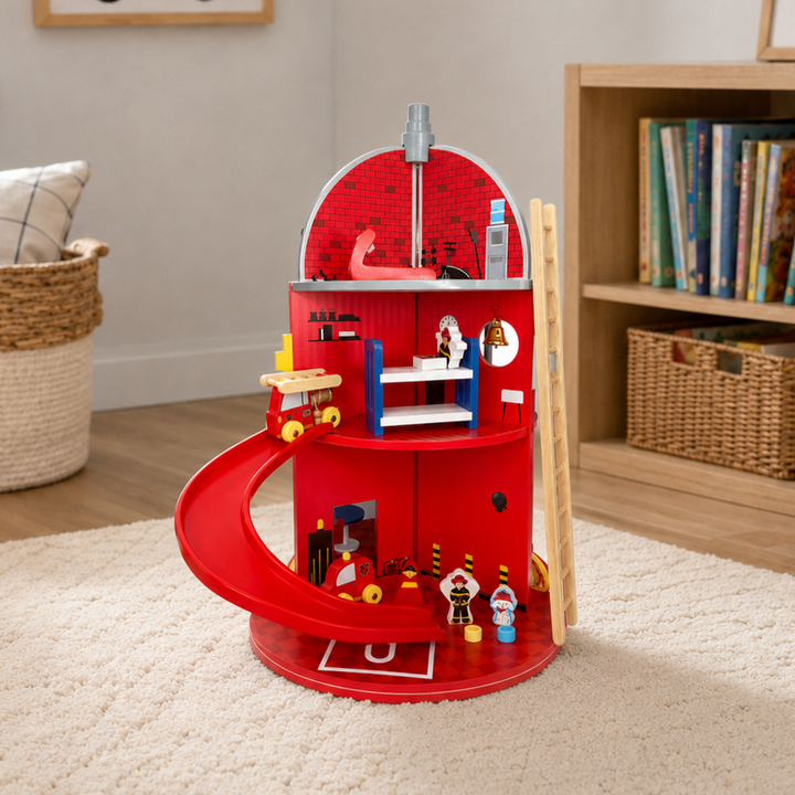 Teamson Kids 3-Story Wooden Fire Station Playset, Red Rotating Hydrant-Shaped Firehouse Pretend Play Set with 24 Pretend Play Figurines Including Fire Truck, Car, Helicopter, Rotating Base, Slide