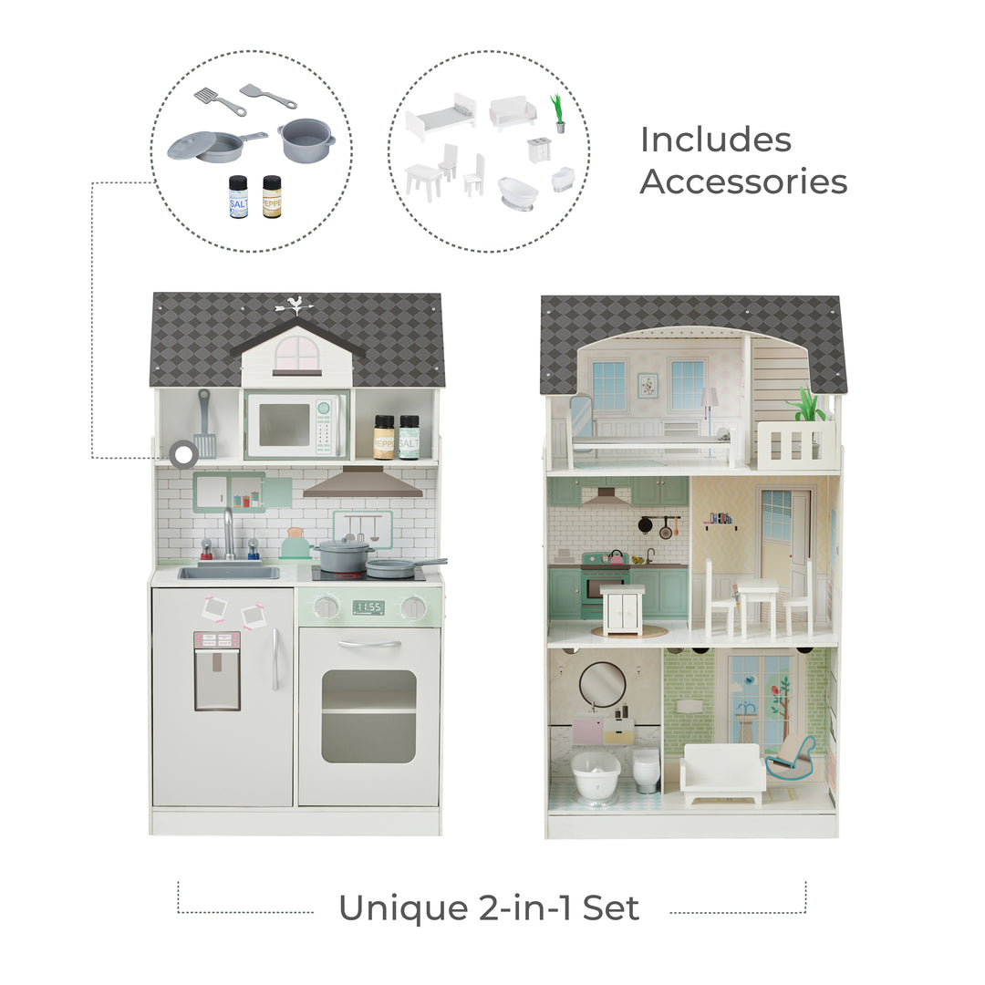 Teamson Kids Wonderland Ariel 2-in-1 Dollhouse/Play Kitchen Playset, Gray & Ivory