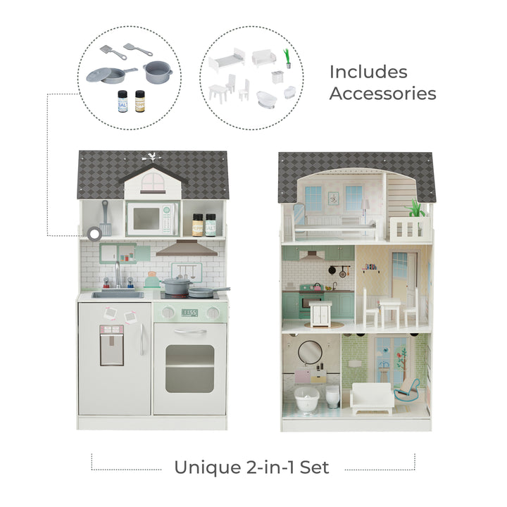 Teamson Kids Wonderland Ariel 2-in-1 Dollhouse/Play Kitchen Playset, Gray & Ivory
