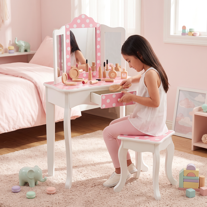 Teamson Kids Gisele Polka Dot Kids Vanity Table & Stool, White & Pink