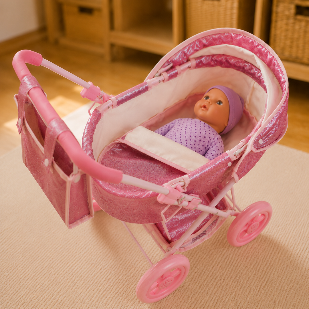 Olivia's Little World Baby Doll Bassinet Pram with Cover, Glitter Pink Doll Stroller with Retractable Canopy, Handle, Doll Seatbelt , All-terrain Wheels and Under Pram Storage for Doll Accessories