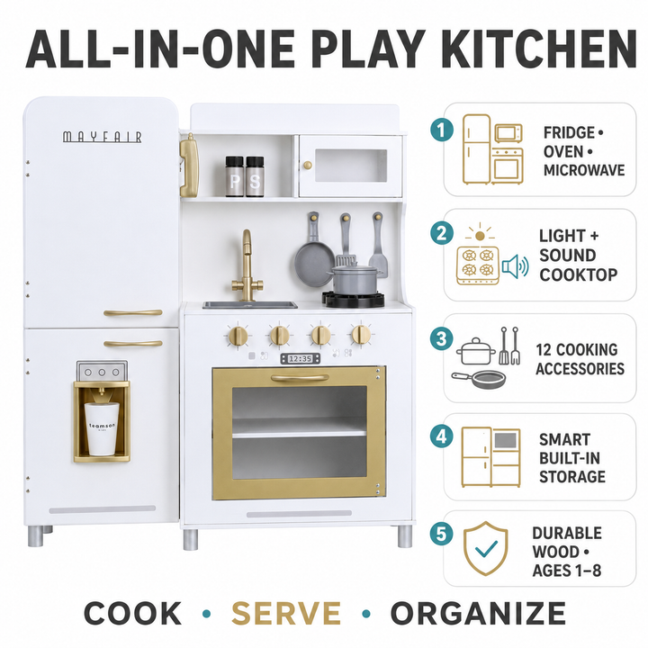 Teamson Kids Play Kitchen Set with Light and Sound Effects, 12pc accessories, Interactive Ice Maker White Wooden Kitchen Pretend Play, Oven, Burner & Refrigerator -Little Chef Mayfair Retro