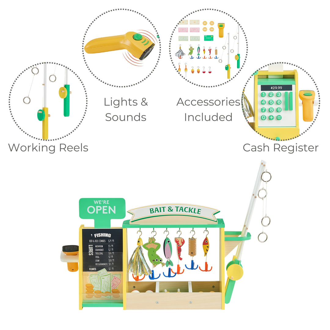 a yellow and green bait and tackle shop features a register with a scanner, plenty of lures and bobbers and 2 fishing rods with reels