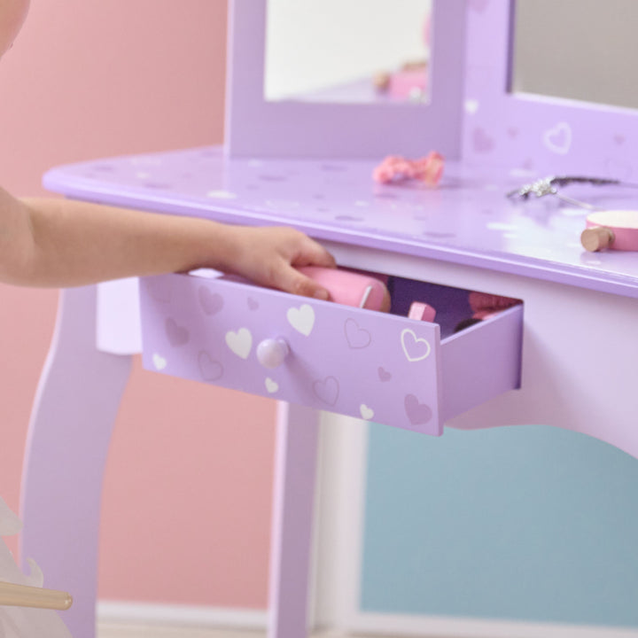 Classic Hearts Prints Gisele Wooden Play Vanity Set wit Three Way Mirror & Stool for Pretend Play by Teamson Kids