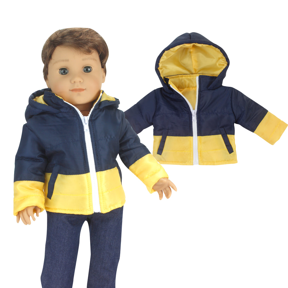 a doll models the jacket while it is also shown laying flat
