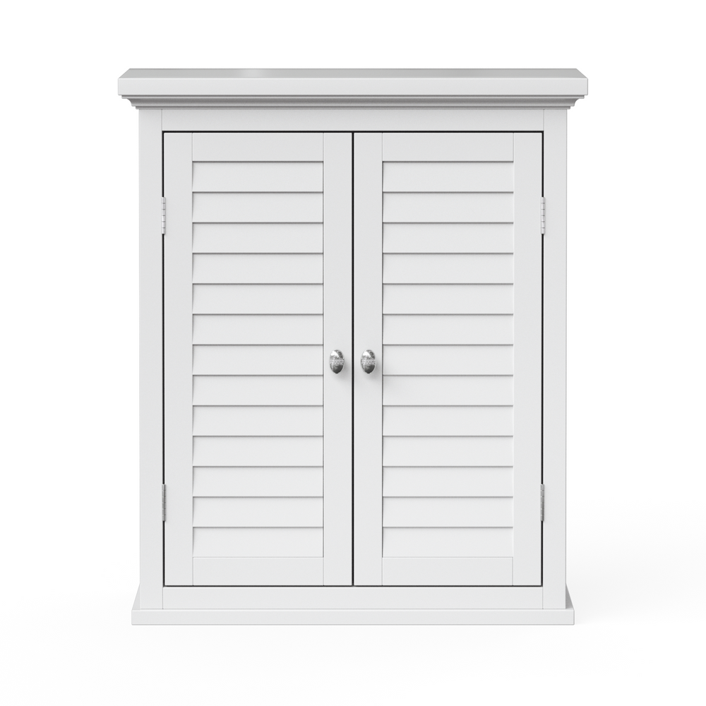 A white wall mounted cabinet with faux louvered doors