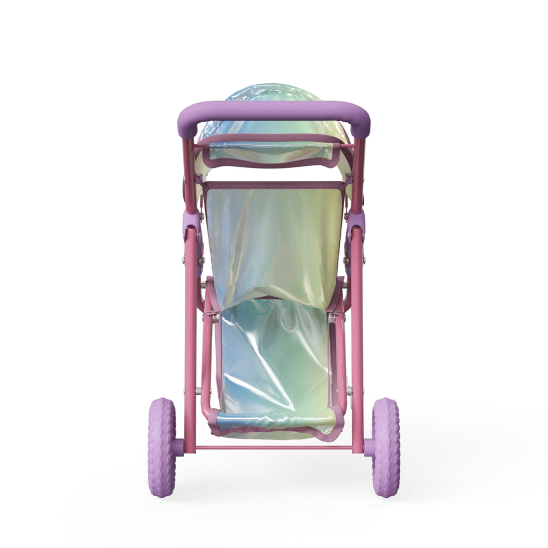 An iridescent and purple kids jogging-style stroller from behind