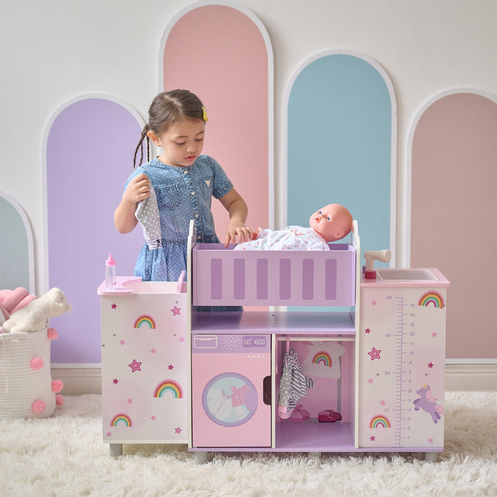 Fantasy Care Wooden 6-in-1 Baby Doll Nursery with Cradle, High Chair & Sink for Pretend Play by Olivia's Little World