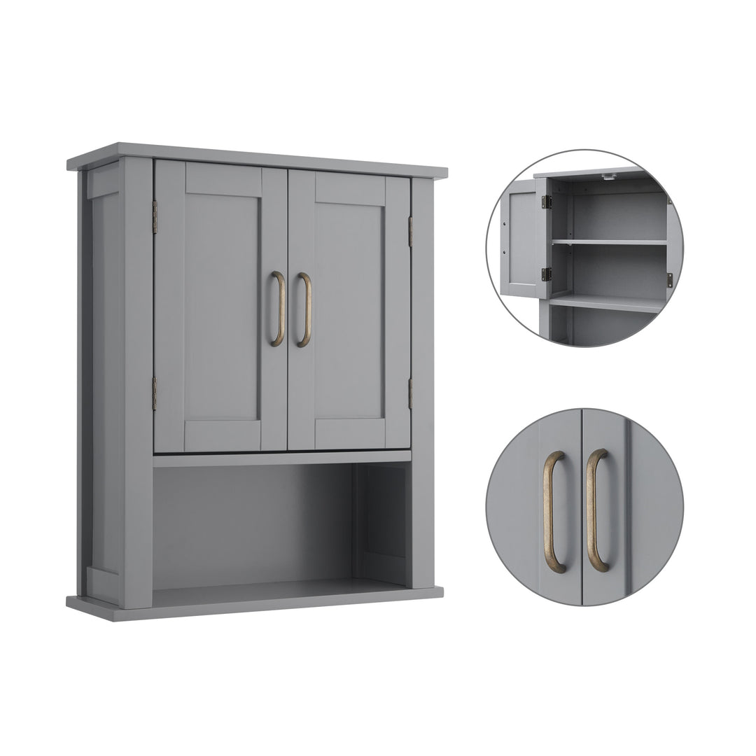 Gray wall cabinet with features including antique hardware and magnetic latch doors.