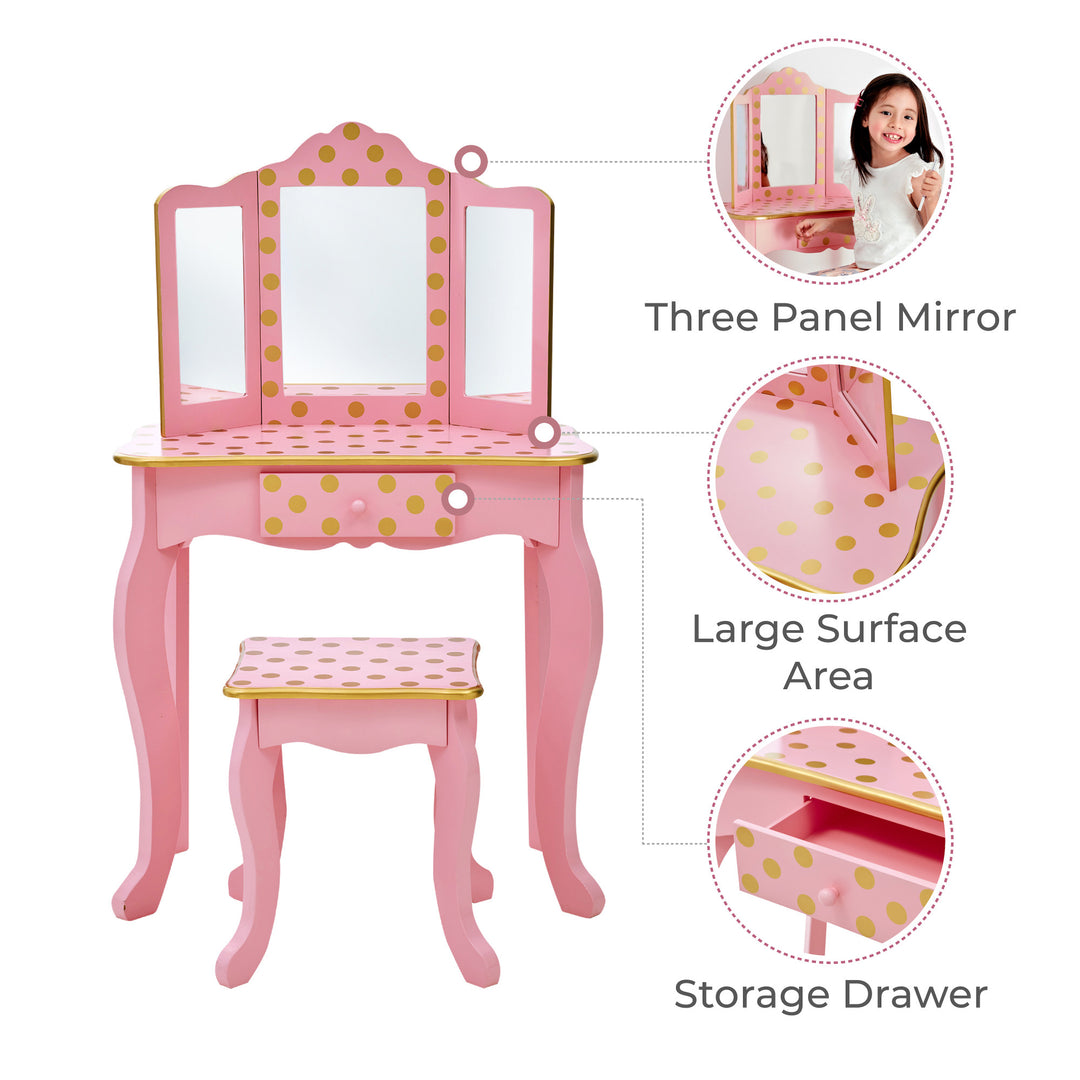 Callouts for a kid's vanity table and matching stool in pink with gold polka dots including a three panel mirror large surface area and storage drawer