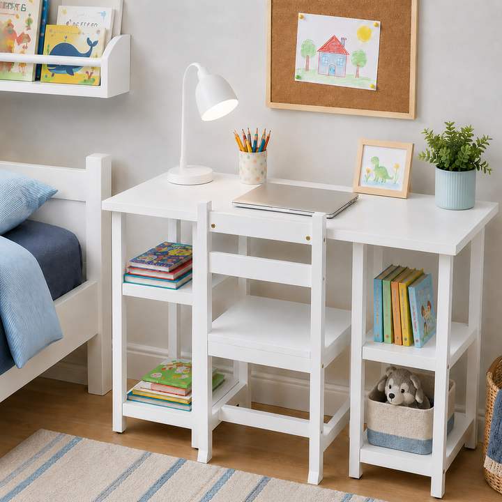 Teamson Kids Wooden Desk & Chair Set with 4 Open Storage Shelves, Spacious Tabletop, Anti-Tip Chair for Reading, Writing, Homework, Drawing & Crafts, Ages 3+, White
