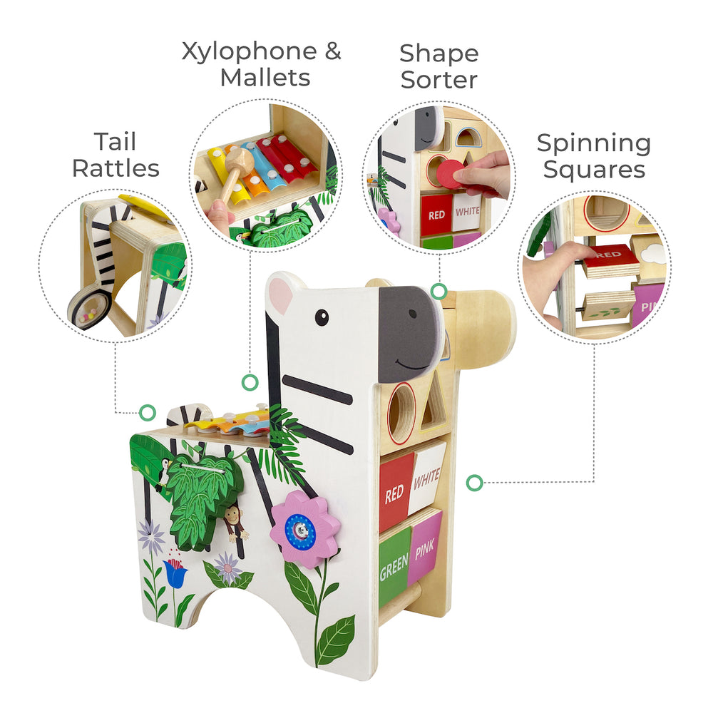 Callouts of all of the features of the Zebra Wooden Activity Play Center 