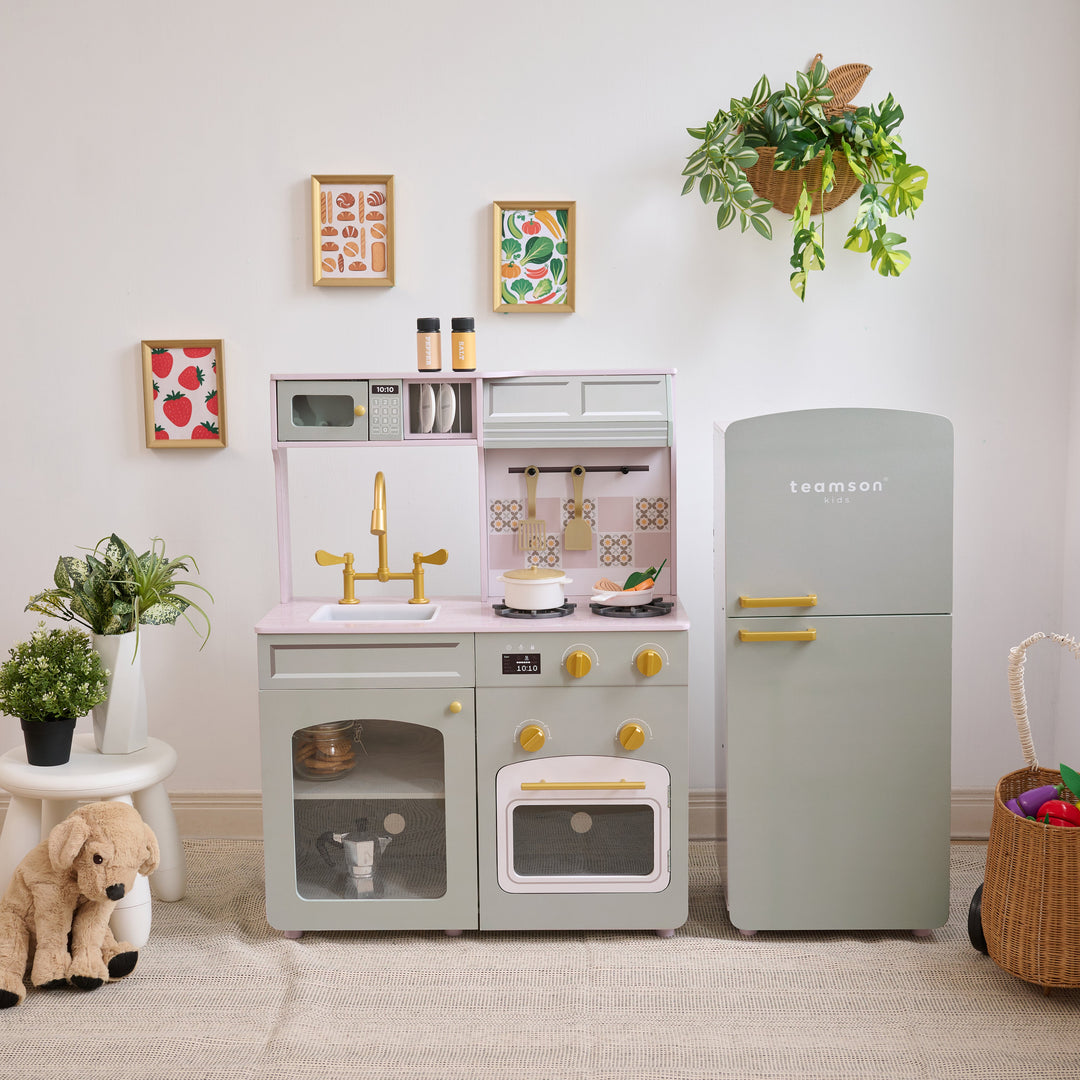 2-Pcs Wooden Play Kitchen with 17 Accessories, Green - Little Chef Hampton by Teamson Kids