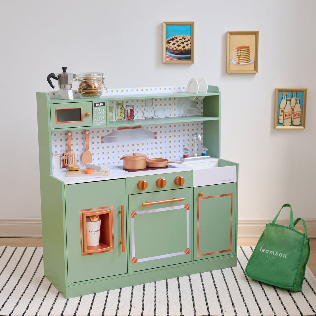 Wooden Play Kitchen with 15 Accessories, Green - Little Chef St. Louis by Teamson Kids