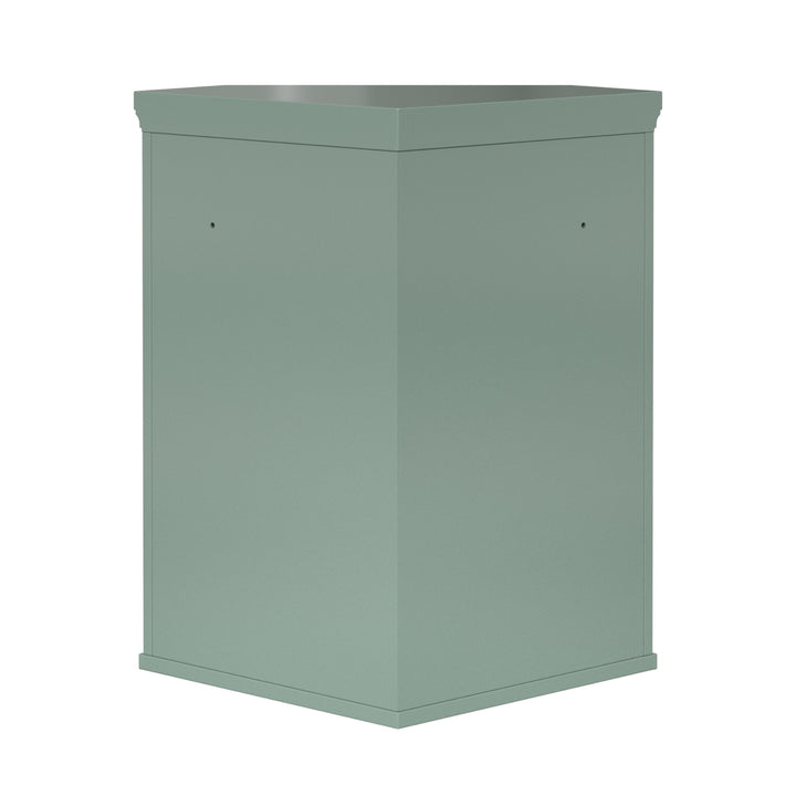 Back view of a sage green corner wall cabinet.