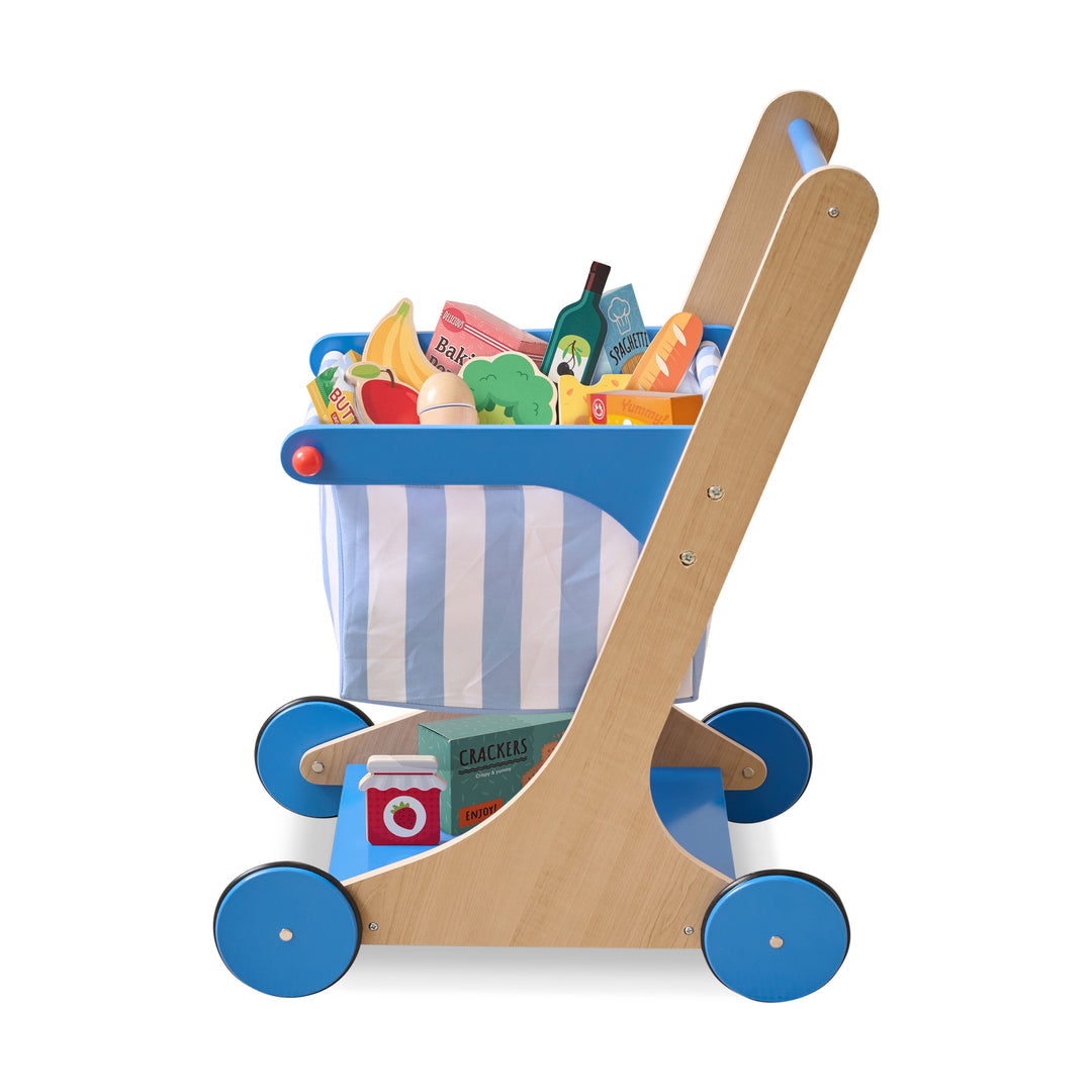Wooden Grocery Cart Toy with 13 Accessories, Blue – Little Helper Mr. Fresh by Teamson Kids