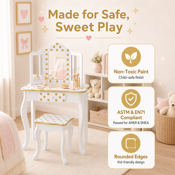 Teamson Kids Gisele Polka Dot Wooden Play Vanity Set with Tri-Fold Mirror, Storage Drawer, Matching Stool, Kids Makeup Table and Chair for Dress-Up Pretend Play, Ages 3+, Gold & White