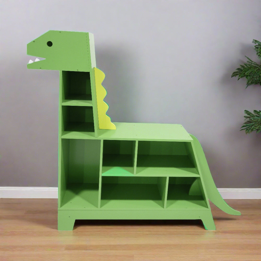 Green dinosaur-shaped bookshelf for children's bedrooms with 7 compartments