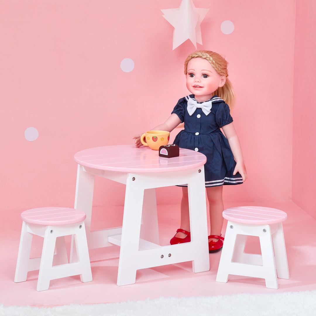 Olivia's Little World 3-Piece Round Table & Stools for 18" Dolls, White/Pink